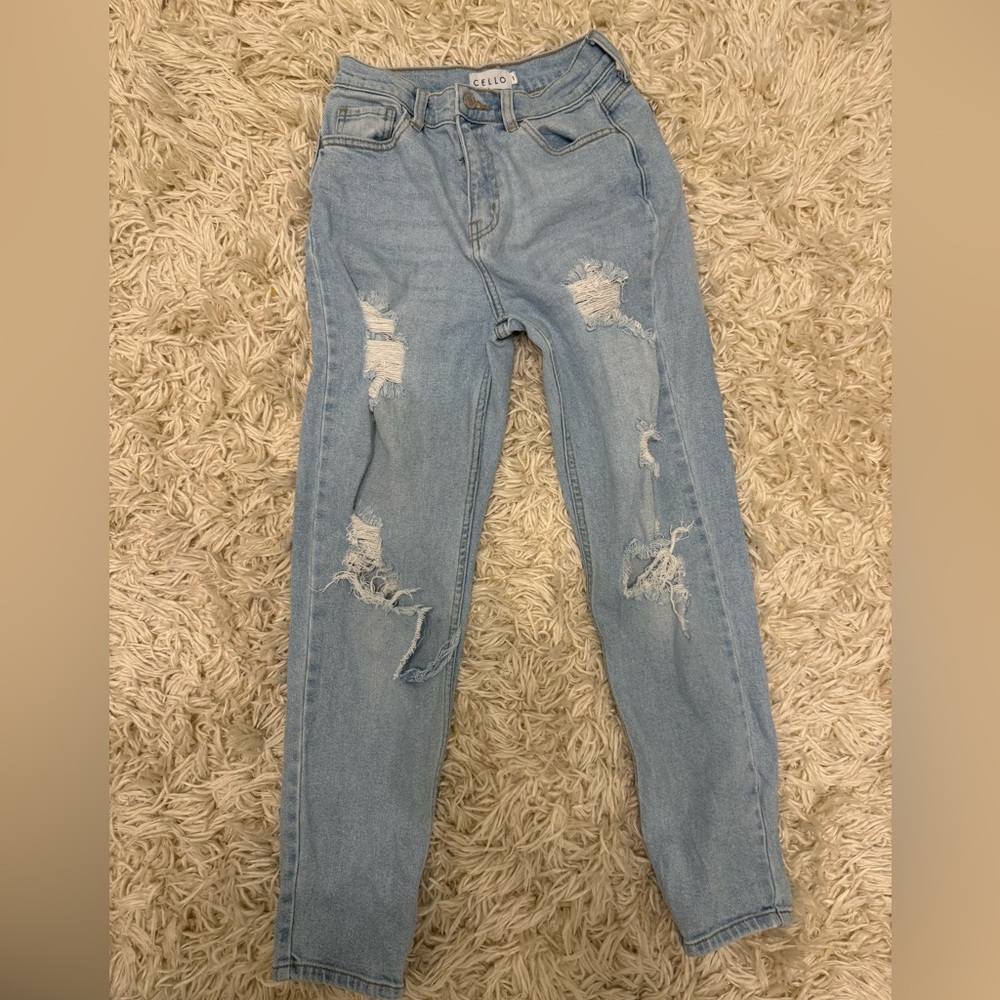 👖 CELLO MOM BLUE DENIM JEANS JUNIORS SIZE 1 DISTRESSED GUC